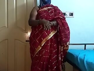 desi  indian tamil telugu kannada malayalam hindi horny cuckold wife vanitha wearing cherry red colour saree displaying big boobs and shaved poon press hard boobs press nip rubbing poon getting off
